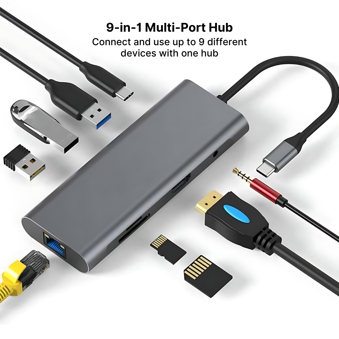 Aluminum 9-in-1 USB-C Hub with 4K HDMI, PD Fast Charge & Ethernet